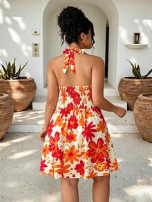 Elenzga Plus Size Casual Dopamine Ditsy Floral V-Neck Tie-Up Sleeveless Maxi Dress, Suitable For Beach, Vacation, And Summer Dates - Coral Orange - View 2