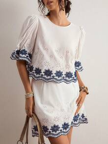Freevana Bộ đồ nữ cỡ lớn gồm áo tay ngắn cổ tròn thêu họa tiết vỏ sò màu trắng và xanh dương, tay phồng, kèm chân váy ngắn, thanh lịch cho mặc hàng ngày, đi nghỉ mát, mùa xuân/hè. - trắng - Xem 1