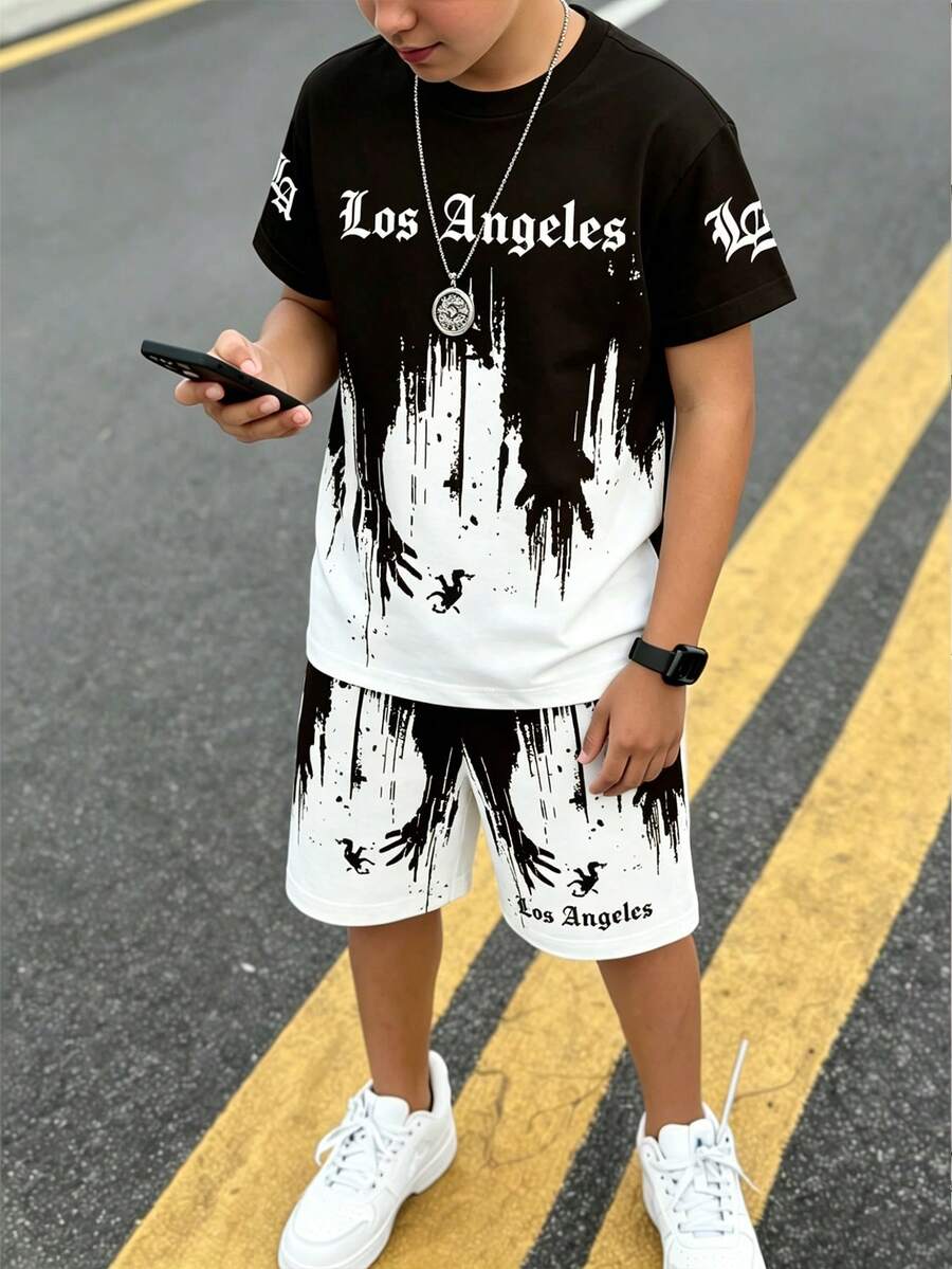 春夏青少年男童休闲时尚创意个性清新高端黑白泼墨印花字母标语印花休闲T恤短裤套装,舒适日常穿着 - 彩色 - 查看 1