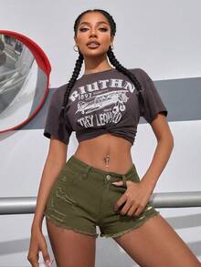 SHEIN PETITE 女款夏季休閒水洗破洞牛仔短褲，適合嬌小女性 - 軍綠色 - 查看 6
