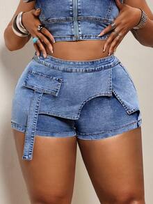 Slaydiva Shorts de mezclilla ajustados de cintura alta con patchwork lavado para tallas grandes - Azul - Ver 2