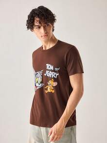 Strevion TOM & JERRY 男士简约汤姆和杰瑞图案印花圆领短袖T恤，夏季款 - 咖啡棕 - 查看 3