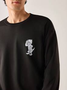 Strevion TOM & JERRY 男士休闲通勤汤姆和杰瑞图案印花字母刺绣圆领长袖修身卫衣，春秋季 - 黑色 - 查看 5
