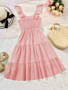 Sparklyn Teen Girls Boho Tiered Ruffle Dress - Sleeveless Square Neck A-Line Mini Dress With Colorful Crochet Waistband For Summer Beach Vacation - Pink - View 2