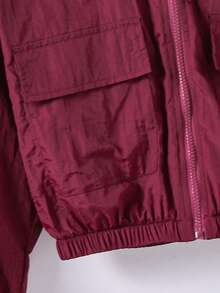 SHEIN Tween Girls Minimalist Solid Color Zipper Hooded Long Sleeve Jacket - Burgundy - View 5