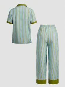 Chillnights Men's Casual Comfortable Contrast Stripe Print Lapel Button Loose Woven Pajama Set - Multicolor - View 2