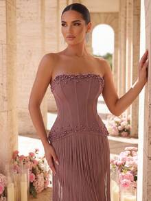 Glamrae Elegant Romantic Blush Pink Luxury Glittery Knit Strapless Bodycon Jumpsuit Dress Ruched Waist 2 In 1 Tassel Decor Gala Dinner Prom Night Formal Fall - Dusty Pink - View 3