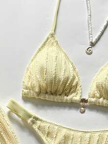 SHEIN Swim Chicsea 26SS 春夏度假海灘波希米亞風編織棕紅色比基尼泳衣附長褲 3 件組 - 黃色 - 查看 4