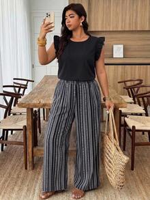 SHEIN CURVE+ Plus Size Women's Solid V-Neck Ruffle Sleeve Top And Striped Pants Casual 2-Piece Set - White - View 4