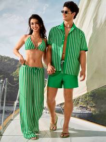 Manfinity VDAYZ Men's Vacation Striped Short Sleeve Single-Breasted Shirt And Shorts Beach Set, Holiday - Green - View 4