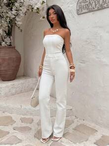 Sunnyshic Mono de mujer de unicolor con cremallera sin tirantes de mezclilla adecuado para usar en verano - Blanco - Ver 6