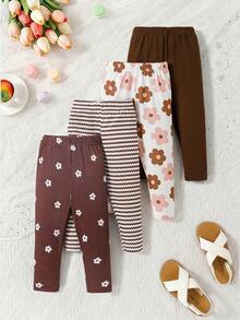 SHEIN Playful Pals 4件裝少女休閒復古花卉、條紋、純色棕色內搭褲，柔軟面料，適合夏季室內休閒或戶外玩耍 - 彩色 - 查看 3