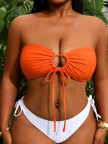 Slaydiva 2026 New Summer Vacation Orange Bandeau Drawstring Plus Size Swimsuit Top Beach Vacation Vacation - Orange - View 3