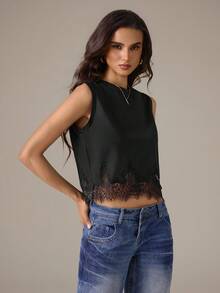 SHEIN Tall 純色蕾絲下擺拼接圓領無袖背心上衣 - 黑色 - 查看 5