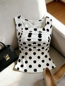 Rafferiza Women's Polka Dot Pleated Casual Versatile Daily Wear Top - Black and White - View 6