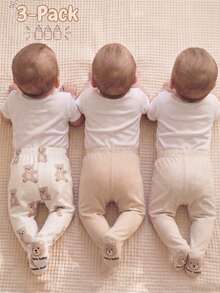 SHEIN 3 Pieces Set For Newborns: Khaki Striped Bear-Print Footed Pants Cute Cartoon Design, Soft Against The Skin, Loose And Comfortable Suitable For All Seasons Perfect For Everyday Wear, Vacations, And Outings - Brown - View 4