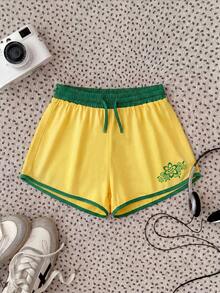 Girlism Kids Teen Girls' Printed Fitted Sports Shorts,Pastel Yellow Summer Gym Workout,Suitable For Outdoor Activities,Walking,Yoga,Casual Street Style - Yellow - View 3