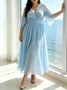Franclia 大尺碼女款優雅素色荷葉邊長洋裝 春夏 - 藍色 - 查看 3