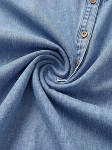 SHEIN EMERY ROSE CURVE 女款寬鬆大尺碼單排扣短袖牛仔上衣與長褲兩件套 - 藍色 - 查看 7