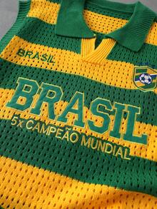 ROMWE MEN Brazil Team Knitted Vest Men's Summer Thin Hollow Out Sleeveless POLO Shirt Men's Outerwear Tank Top - Yellow - View 2