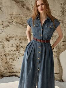 MOTF PREMIUM SPRING/SUMMER WOMEN'S CASUAL COMMUTER FRONT BUTTON DENIM DRESS - Medium Wash - View 7
