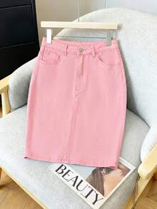 GlowEve Rok Denim Pensil Polos Minimalis Kasual untuk Wanita, Pas Badan, untuk Berpergian - Berwarna merah muda - View 2