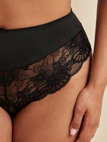 SHEIN BAE CURVE 1 件大码纯色撞色蕾丝内裤内衣 - 黑色 - 查看 5