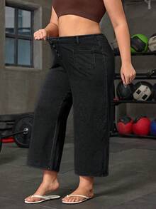 Flexra Plus Size Women's Button Design Pocket Loose Wide Leg Jeans Formal Fashion Week Black Summer Casual Decent - Dark Grey - View 6