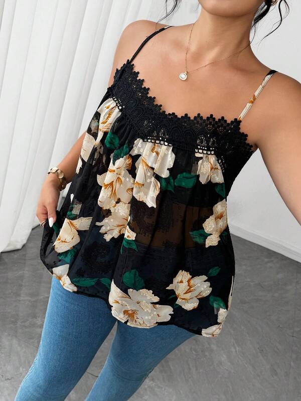 Elenzga Plus Size Women's Elegant Black Textured Jacquard Fabric Chiffon Lace Elegant Chiffon Elegant Semi-Sheer Sexy Casual Women's Textured Fabric Quality Fabric Elegant Camisole. Ball, Date Party, Wedding Season, Outing, Etc.