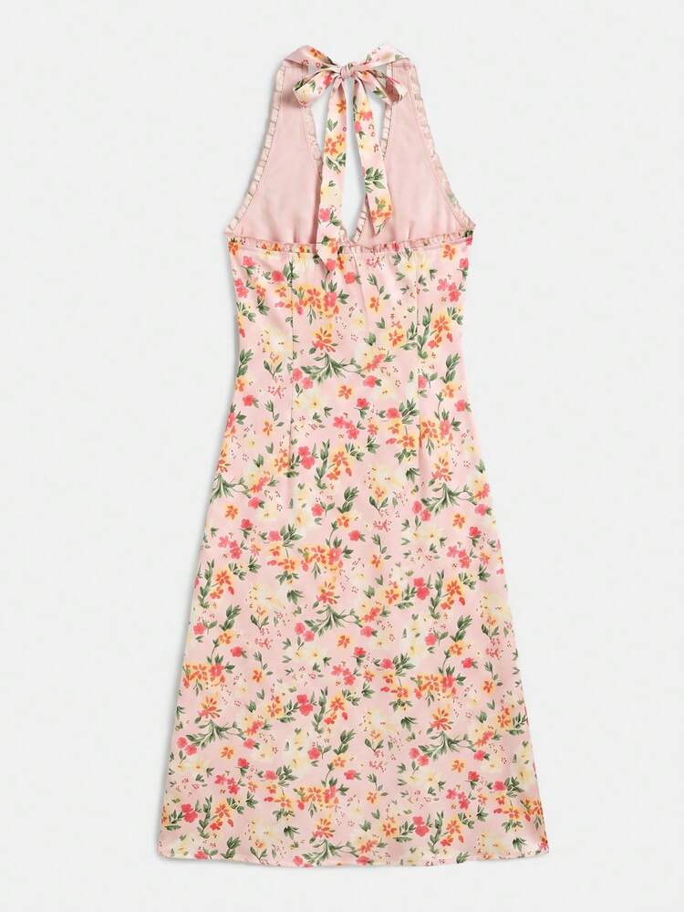 Pink Floral Halter Midi Dress Closure Summer Holiday Casual French Style Dress Elegant Evening Dress