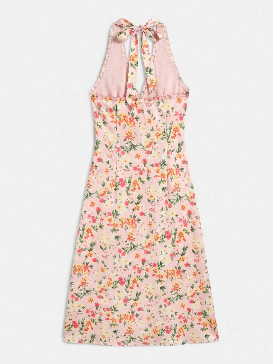 Pink Floral Halter Midi Dress Closure Summer Holiday Casual French Style Dress Elegant Evening Dress
