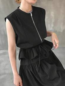 FRIFUL Women's Summer Casual Drawstring Waist Vest & Skirt 2 Pieces Set - Black - View 8