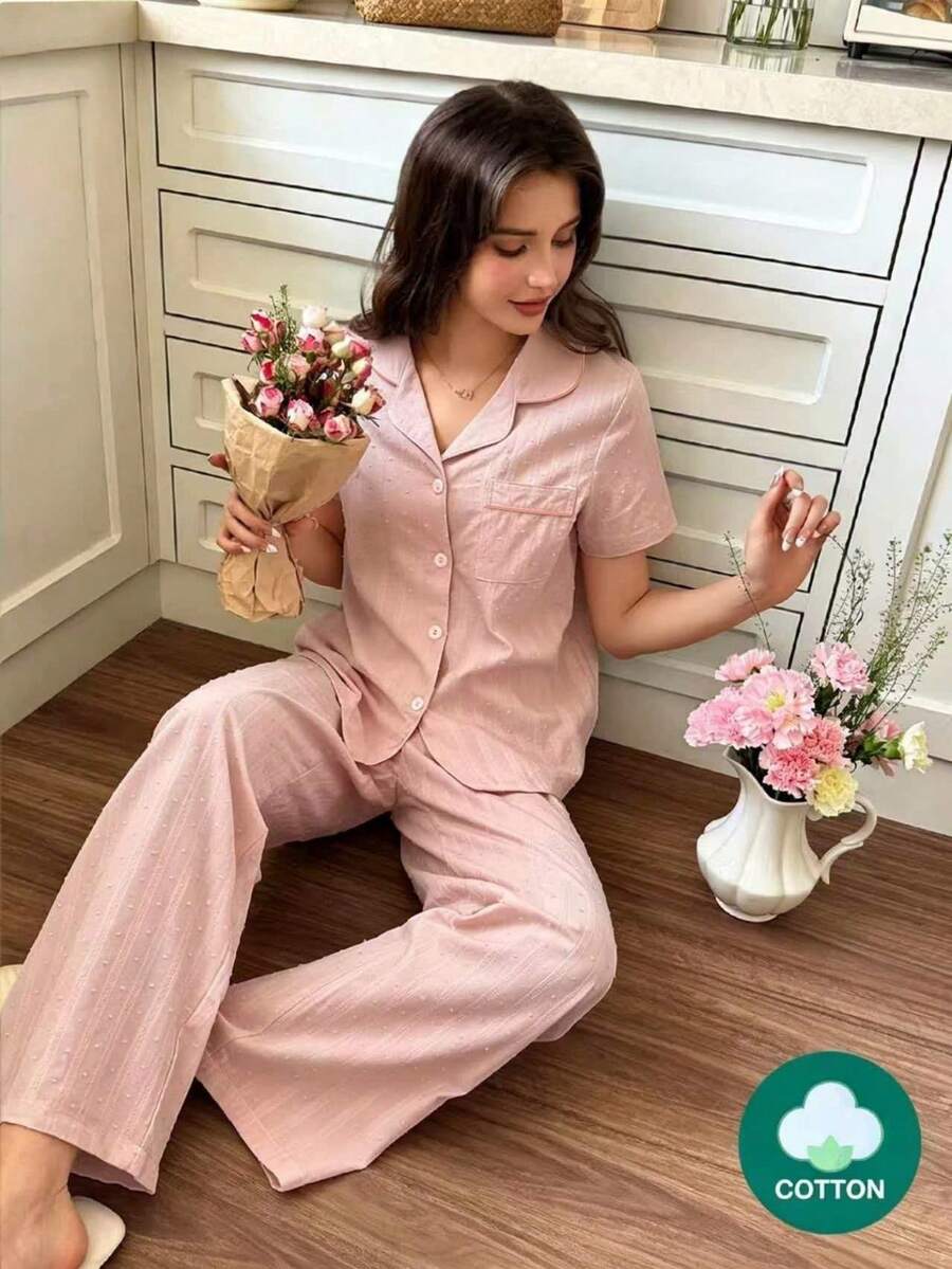 Snug Reverie 女款 100% 純棉藍色提花浪漫清新短袖長褲家居服 2 件套 - 粉色 - 查看 1