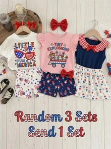 日系列 7月4日 可愛復古紅藍字母 Little Miss America 💙❤ 少女極簡休閒圓領短袖T恤與5英寸單車短褲套裝，適合春夏日常穿著、假期、日 - 彩色 - 查看 3