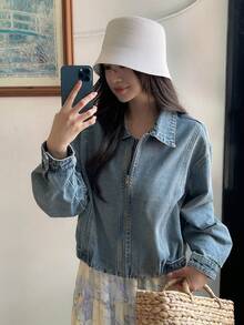DAZY Women's Lapel Long Sleeve Open Front Urban Casual Denim Jacket And Coat Cute Tops - Medium Wash - View 5