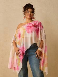 Travachic Plus Size Asymmetrical Collar Batwing Sleeve Tie-Dye Botanical Print Shirt - Multicolor - View 4