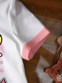 THE POWERPUFF GIRLS X SHEIN Camiseta casual de manga corta con cuello redondo y estampado de letras de dibujos animados para niña bebé - Blanco - Ver 5