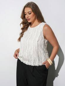 Maija Plus Size Women's White Textured Crochet Lace Fabric Fitted Round Neck Sleeveless Tank Top, Elegant Cruise Wear, Wedding Guest Brunch Formal Attire - Beige - View 4