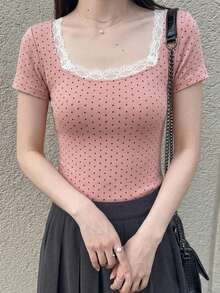 Dazy Tall 女款高個子長袖圓點蕾絲拼接休閒T恤，適合高個子女孩 - 彩色 - 查看 2