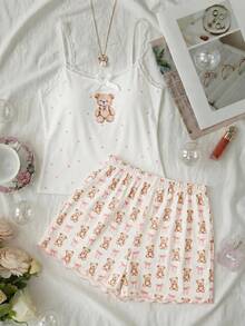 SHEIN Tween Girl Simple Floral Pattern Ribbon Bow Lace Trim Camisole Tank Top And Shorts Comfortable Casual Pink Slim Fit Pajama Set 2pcs - Multicolor - View 6