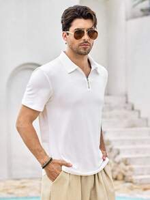 Mercer Haus Men's Casual Solid Color Zipper Short Sleeve T-Shirt, Summer - White - View 6