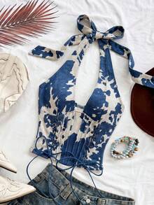 Soleia 白色動物印花夏季西部音樂節女款V領繫帶麂皮解構背心，波希米亞度假海灘夜店郵輪上衣 - 藏蓝色 - 查看 6