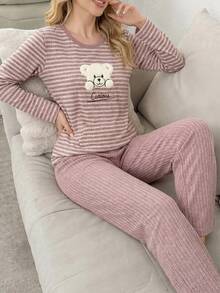 Cotton Women 2pcs Contrast Colour Slogan Lettered Long Sleeve Top&Striped Heart Pattern Sleep Pants Homewear Pajama Set - Dusty Pink - View 4