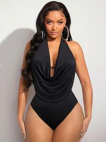 SHEIN SXY Body halter con fruncido delantero de espalda abierta - Negro - Ver 4