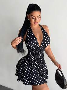 SHEIN SXY 女款波點印花深V領性感掛脖荷葉邊洋裝 - 黑與白 - 查看 5