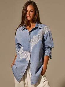 Athîral Denim 女款蕾絲拼接休閒牛仔上衣 - 淺色水洗藍 - 查看 4