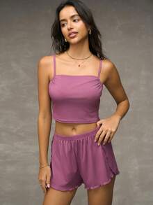 Women's Fashionable Solid Color Comfortable Homewear Set, Summer Outfit - Purple - View 5