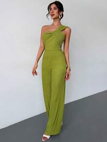 Firerie Women's Solid Color Knit Textured Fabric Jumpsuit, Asymmetric Twist Design, Straight Leg - Olive Green - View 9