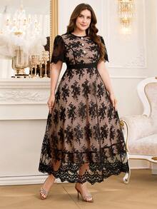 Reflora Plus Size Lace Patchwork Round Neck Elegant Short Sleeve Dress - Black - View 8