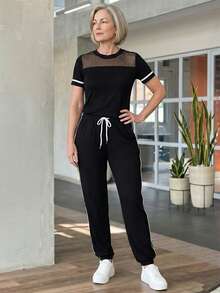 EMERY ROSE Conjunto de top de manga corta con malla de contraste y pantalones para mujeres de mediana edad y mayores - Negro - Ver 4